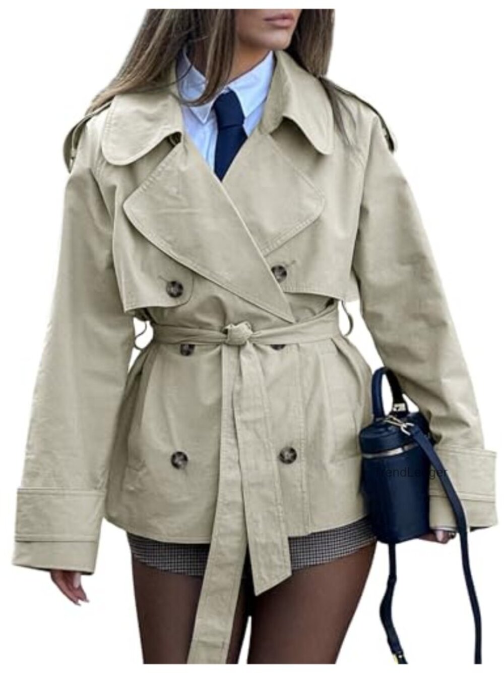 Cropped Trench Coat Women Double Breasted Belted Cotton Fall Jacket
